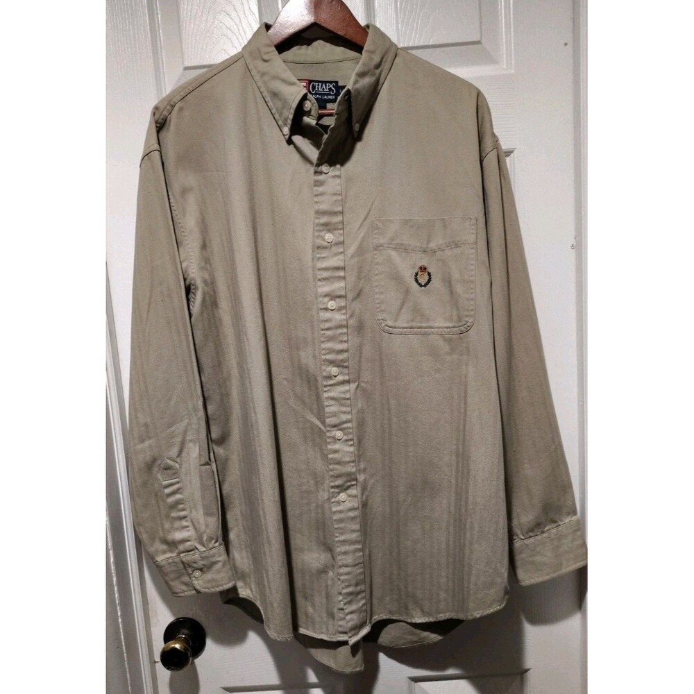 VINTAGE Ralph Lauren Chaps Shirt Mens Large Brown Tan Safari Utility Rugged